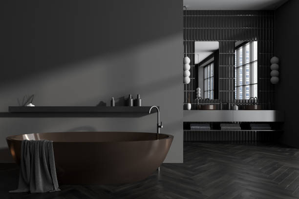 istock Grey bathroom interior with bathtub and washbasins. Mockup empty wall 1453793014