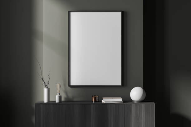 istock Grey gallery room interior with drawer and decoration, mockup frame 1453793071