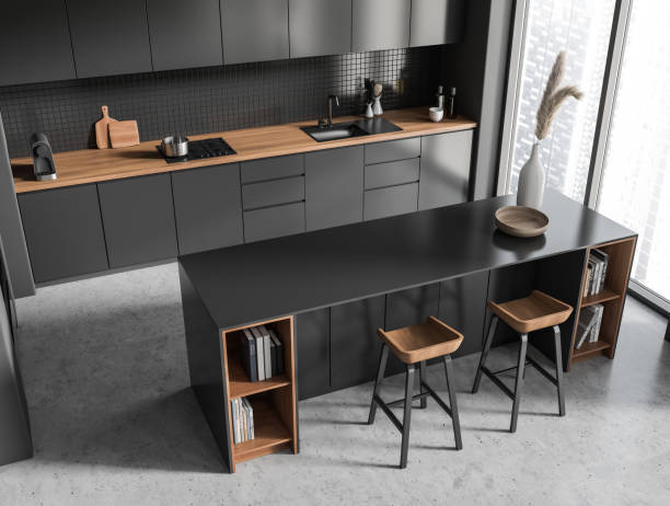 istock Top view of grey kitchen interior with bar countertop and panoramic window 1453793087