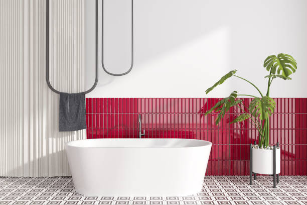 istock Stylish light bathroom interior with bathtub and accessories 1453793141