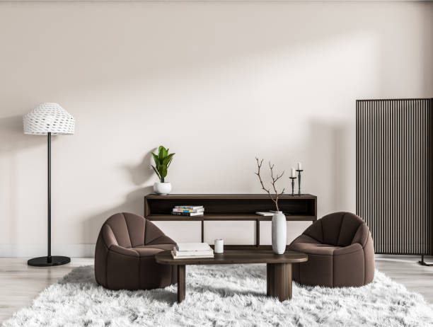 istock Light guest room interior with soft seats and drawer. Mockup wall 1453793551