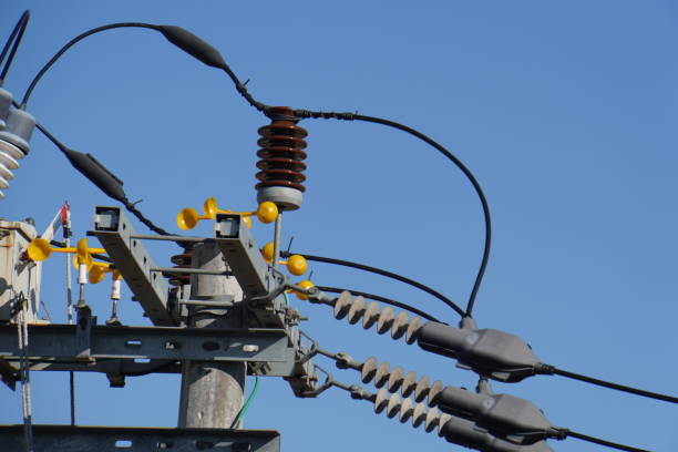Panoramic view Electric power transmission lines in the evening