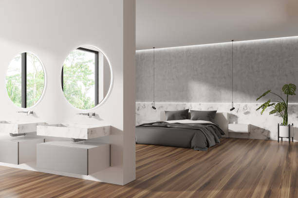 istock Stylish bedroom studio interior with bed and double sink, panoramic window 1453794847