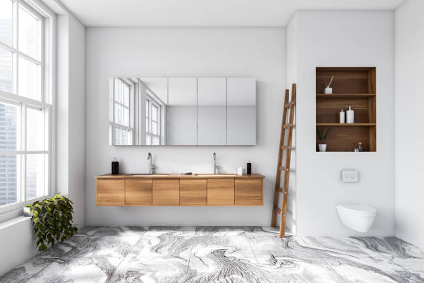 istock Front view on bright bathroom interior with panoramic window, toilet 1453794944