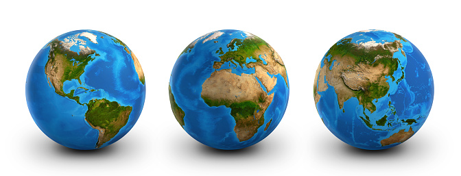 Planet Earth globes, highly detailed. Satellite view of the world, focused on America, Asia, Europe and Africa - 3D illustration (Blender Software), elements of this image furnished by NASA (https://eoimages.gsfc.nasa.gov/images/imagerecords/73000/73776/world.topo.bathy.200408.3x5400x2700.jpg)