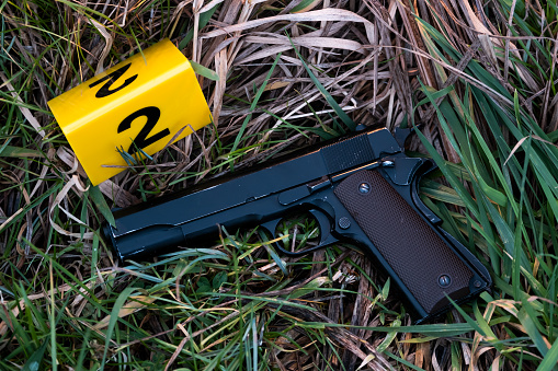 Gun in grass. Crime scene investigation.