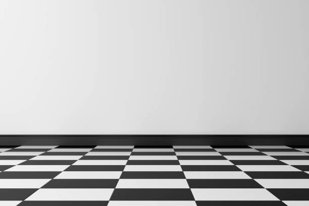 istock Wallpaper with black and white checkered floor and white walls. 3D Scene. 1453798276