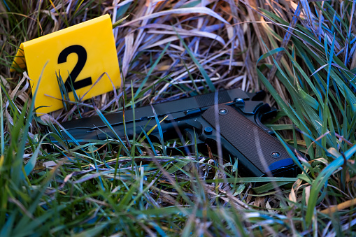 Gun in grass. Crime scene investigation.