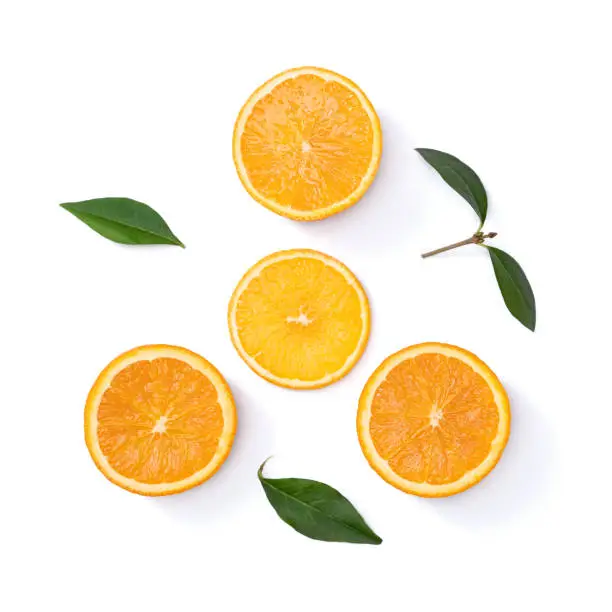 Photo of fresh various orange slices isolated on white