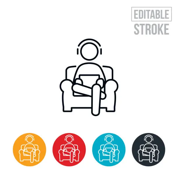 Vector illustration of Person Sitting In An Arm Chair Watching Movie On Tablet PC While Wearing Headphones Thin Line Icon - Editable Stroke