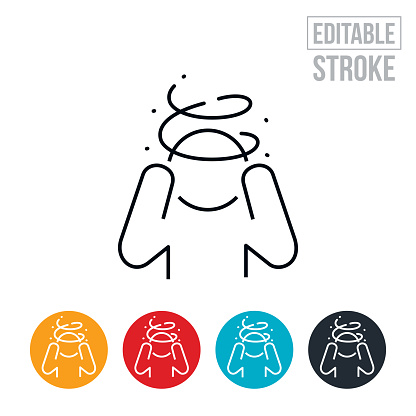 An icon of a person holding head in pain from a migraine headache that is also causing confusion, disorientation and discomfort. The person has his head down in anguish from the injury. The icon includes editable strokes or outlines using the EPS vector file.