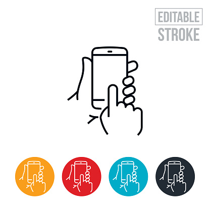 An icon of a hand holding a smartphone while the other hand uses its finger to navigate the screen. The icon includes editable strokes or outlines using the EPS vector file.