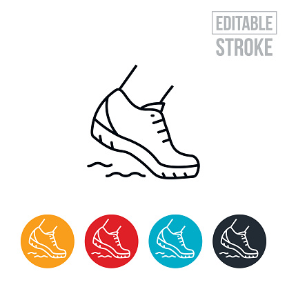 An icon of a closeup of a hikers foot with hiking shoe hiking. He has a pack on and trekking pole. The icon includes editable strokes or outlines using the EPS vector file.