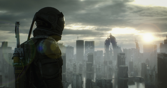 Digitally generated unknown person wearing a high-tech protection suit watching over a post apocalyptic scenery depicting a desolate urban landscape with tall buildings in ruins and mostly cloudy sky.\n\nThe scene was created in Autodesk® 3ds Max 2023 with V-Ray 6 and rendered with photorealistic shaders and lighting in Chaos® Vantage with some post-production added.