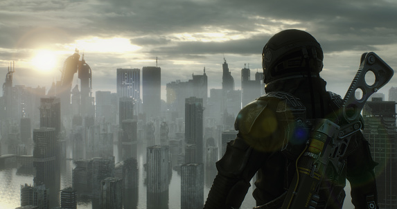 Digitally generated unknown person wearing a high-tech protection suit watching over a post apocalyptic scenery depicting a desolate urban landscape with tall buildings in ruins and mostly cloudy sky.\n\nThe scene was created in Autodesk® 3ds Max 2023 with V-Ray 6 and rendered with photorealistic shaders and lighting in Chaos® Vantage with some post-production added.