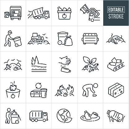 A set of waste disposal icons that include editable strokes or outlines using the EPS vector file. The icons include a garbage truck picking up a residential garbage can to dump, garbage truck unloading garbage at landfill, recycle bin with recyclables, garbage truck lifting commercial dumpster to be emptied, garbage man pushing garbage can to be dumped, bulldozer pushing garbage at landfill with trash, garbage can and garbage bag full of trash, dumpster, composting, vermicomposting with worms, landfill trash with birds flying above, buried trash in a landfill, hand disposing of trash, compost from food with a plant sprouting from the compost, crinkled paper being tossed into recycle bin, recycling foam products, trash burning, person picking up littered trash, compacted trash, person placing filled garbage sack in garbage can, garbage truck, green earth, trash floating in water and a plastic water bottle littered in the grass.