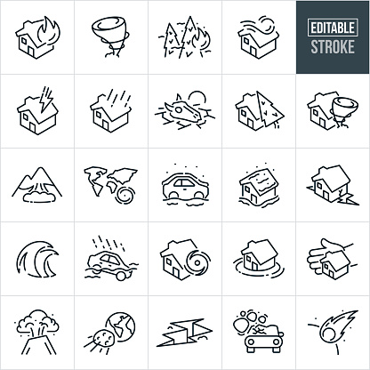 A set of natural disasters icons that include editable strokes or outlines using the EPS vector file. The icons include a house on fire, tornado, wildfire burning pine trees, wind storm, thunderstorm, flood, house being flooded, house being struck by lightning, drought, tree falling on house, tornado hitting house, avalanche, hurricane over sea, car buried in blizzard snow storm, house buried in deep snow from blizzard snowstorm, house being damaged from earthquake, tsunami waves, car floating in water from flood waters, house being struck by hurricane, house sinking in flood waters, house being protected by a hand, volcano erupting, astroid headed to earth, cracked ground from earthquake, rockslide hitting into car and other related icons.