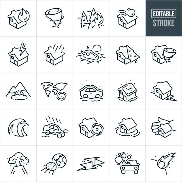 Vector illustration of Natural Disasters Thin Line Icons - Editable Stroke - Icons Include Accidents And Disasters, Wildfire, Tornado, Destruction, House, Storm, Flood, Avalanche, Hurricane, Blizzard, Earthquake, Tsunami, Volcano, Meteor, Rock Slide