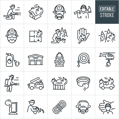 A set of fire fighting icons that include editable strokes or outlines using the EPS vector file. The icons include a firefighter using a fire hose to spray water on fire, house on fire, firefighter wearing a breathing apparatus, fire fighter with helmet holding an ax, firefighter with helmet and safety glasses, escape route, wildland firefighter doing a controlled burn, stop with a stop gesture and a match to represent the danger of playing with matches, forest fire, wildfire, fire extinguisher, fire station, fire hydrant, fire hose, firefighting helicopter with water, firefighter in full firefighter gear using a firehose on a fire, fire engine racing to fire, business building on fire, smoke detector with smoke, car fire, door with smoke coming out of it, firefighter using a fire extinguisher to put our fire, rope, breathing apparatus mask, hand shielding a firefighter for safety and other related icons.