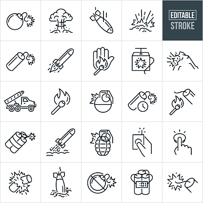 A set of explosives icons that include editable strokes or outlines using the EPS vector file. The icons include a bomb with lit fuse, atomic bomb mushroom cloud, bomb falling from the air, large explosion, TNT with lit fuse, missile blasting through the are, flame restriction, lit match, TNT detonator, TNT blasting rock from mountain, missile launcher on truck, grenades, time bomb, dynamite with clock countdown, match lighting fuse to explosive, sticks of dynamite wrapped together with lit fuse, missile launching from water, push button detonator, exploding TNT, bomb in ground that is a dud, explosives prohibited, sticks of dynamite with countdown timer and the close up of a lit fuse.