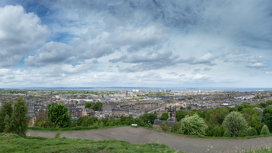 High angle panorama of the Port of Leith and the River Forth from Calton Hill, Edinburgh