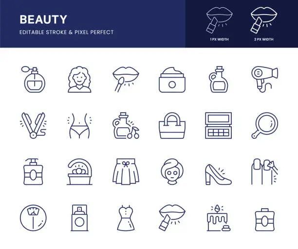 Vector illustration of Beauty Line Icons. This icon set consists of Perfume, Beautician, Lipstick, Aroma Therapy, Hair Dryer and so on.