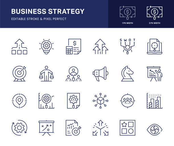 ikony linii strategii biznesowej. ten zestaw ikon składa się z decyzji, celu biznesowego, trendów rynkowych, elastyczności, zróżnicowania, wizji, strategii marketingowej i tak dalej. - flexibility stock illustrations