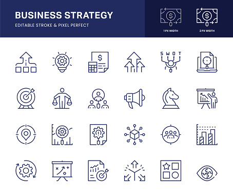 Business Strategy Vector Line Icons. This icon set consists of Decisions, Business Target, Market Trends, Flexibility, Differentiation, Vision, Marketing Strategy and so on. Pixel Perfect, 2 pixel icons placed on a 64 x 64 pixel grid.