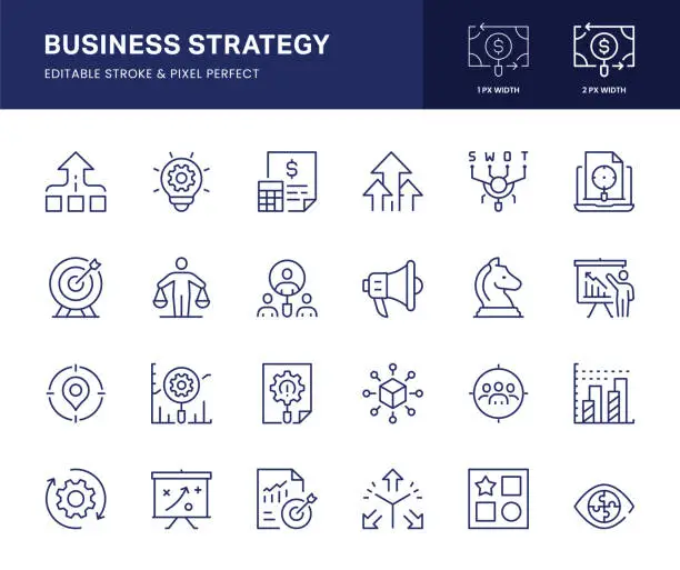 Vector illustration of Business Strategy Line Icons. This icon set consists of Decisions, Business Target, Market Trends, Flexibility, Differentiation, Vision, Marketing Strategy and so on.