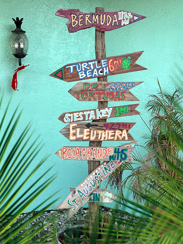 Close up colorful wooden directional signs in Siesta Key, Sarasota, Florida