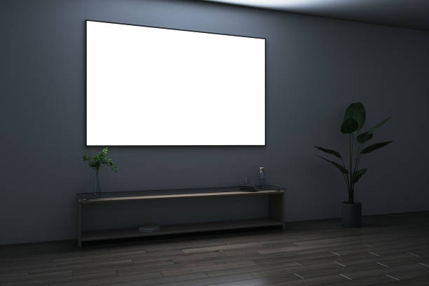 istock Perspective view on bright blank white TV screen with space for your logo or text on black wall background in total dark room with green plant on wooden floor. 3D rendering, mockup 1453803505