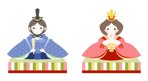 Illustration of hina dolls, a traditional spring event in Japan. hina matsuri (Girls' Day Festival) in March. They are called "Ohinasama" and "Odairisama." These are dolls displayed at the traditional Japanese March Dolls' Festival. They are called “Ohinasama" and “Odairisama. They are modeled after Queen and King. heian period stock illustrations