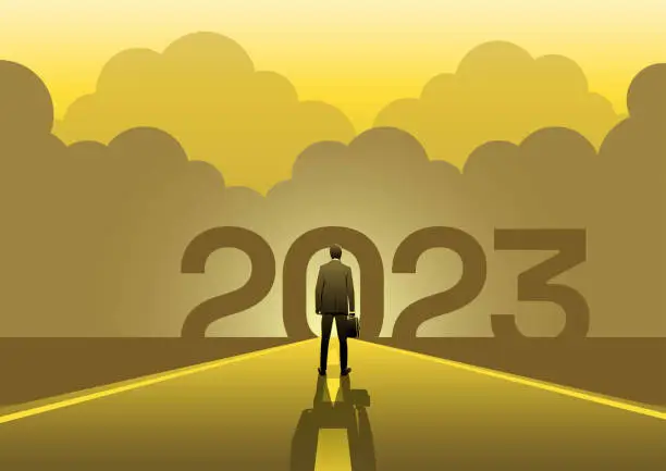 Vector illustration of A businessman standing on the road facing 2023