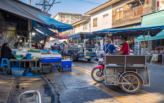 Rayong, Thailand - 2023 January 01 : Fresh seafood local market in the morning after 2023 New year at Ban Phe harbor village to ferry for Koh Sa-med island, Rayong Province, Thailand