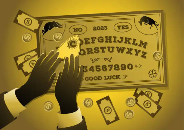 Vector illustration of Businessman playing a Ouija game to see an upcoming market