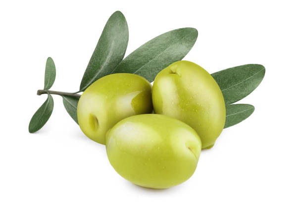 istock Delicious green olives with leaves on white 1453805696