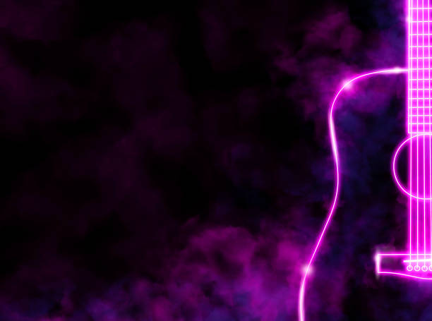 Bright pink acoustic guitar shaped neon lights with smoke in the dark Bright pink acoustic guitar shaped neon lights with smoke in the dark, copy space on black background pink guitar stock pictures, royalty-free photos & images
