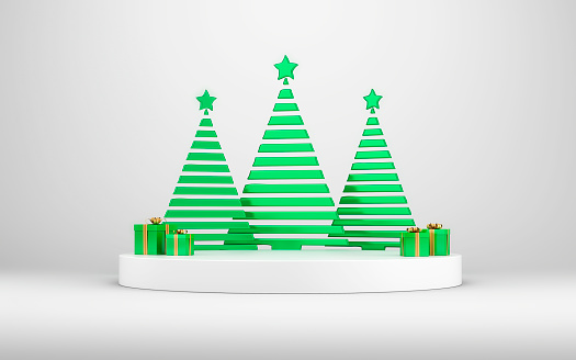 3d render New Year Concept with Green Christmas Tree, White Podium Spotlight, Cylinder podium with tree on white endless background, gift box, product promotion, empty product promotion scene (Close up)