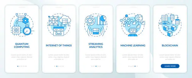 Vector illustration of Data science technologies blue onboarding mobile app screen