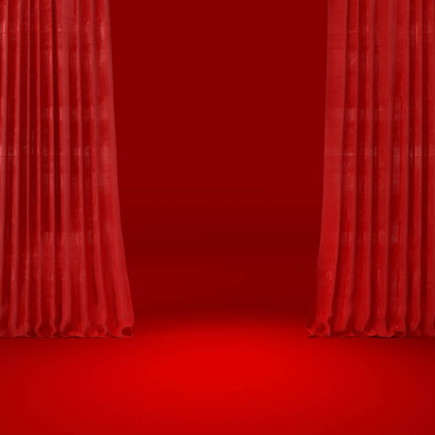 istock Movie theater dramatic curtains on stage, classic drapery template 3d render illustration. Circus and standup scene interior 1453808729
