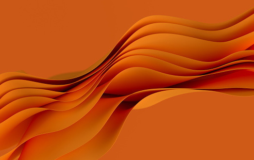 Orange paper or cotton fabric 3d rendering background with waves and curves. Dynamic wallpaper