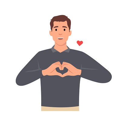 Young man making or gesturing heart symbol with fingers. Male character design illustration. Modern lifestyle, healthcare, love concept in vector cartoon flat style. Flat vector illustration isolated