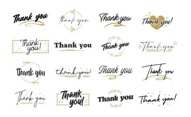 Vector illustration of THANK YOU hand lettering designs. Thanks compositions written with decorative calligraphic font.