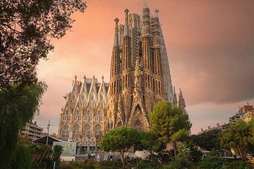 View of the Sagrada Familia, a large Catholic church in Barcelona, Spain