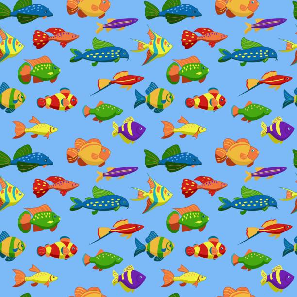 A seamless pattern with exotic tropical fishes. Underwater animals. Vector illustration Swordtail, clown fish, fighting fish, scalare, guppy, danio, goldfish, catfish, cichlazomas. A seamless pattern with exotic tropical fishes. Cartoon underwater animals. Vector illustration Swordtail, clown fish, fighting fish, scalare, guppy, danio, goldfish, catfish, cichlazomas. danio stock illustrations