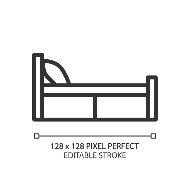Single bed pixel perfect linear icon Single bed pixel perfect linear icon. Bedstead for solo sleeper. Bedroom furnishing. Contemporary home furniture store. Thin line illustration. Contour symbol. Vector outline drawing. Editable stroke bed frame stock illustrations
