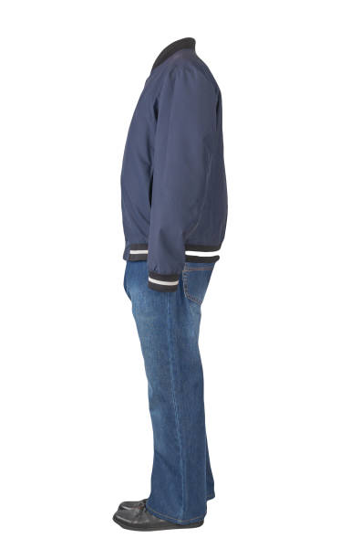 istock dark blue jeans, black leather shoes, jacket isolated on white background. 1453814036