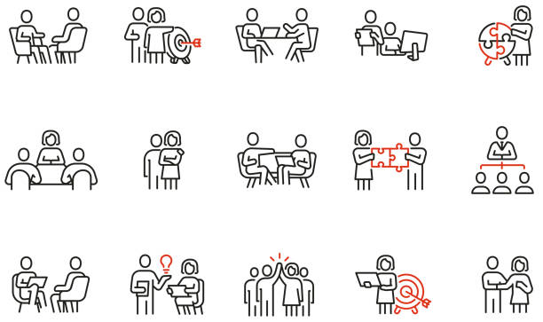 Vector set of linear icons related to collaboration on a project or enterprise, business team and collaboration. Mono line pictograms and infographics design elements Vector set of linear icons related to collaboration on a project or enterprise, business team and collaboration. Mono line pictograms and infographics design elements shareholders meeting stock illustrations
