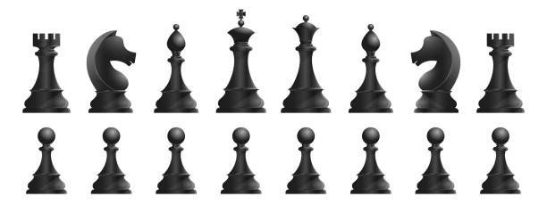 Chess pieces black Chess pieces black. Game of logic, strategy and planning, sports. Poster or banner for website. Knight, king, rook, queen and pawn. 3D realistic vector illustrations isolated on white background chess rook stock illustrations