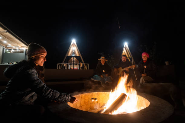 istock Young people eating marshmallows on sticks with campfire at night 1453815034